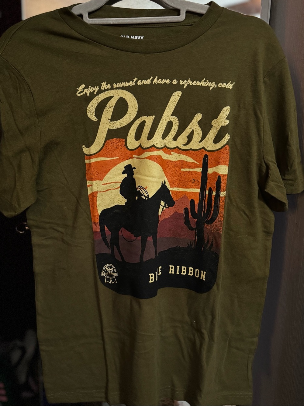 Old Navy Olive Green Pabst Sunset Graphic Tee